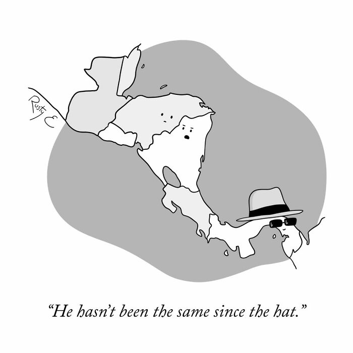 A funny one-panel comic map of Central America with Panama wearing a hat and sunglasses.