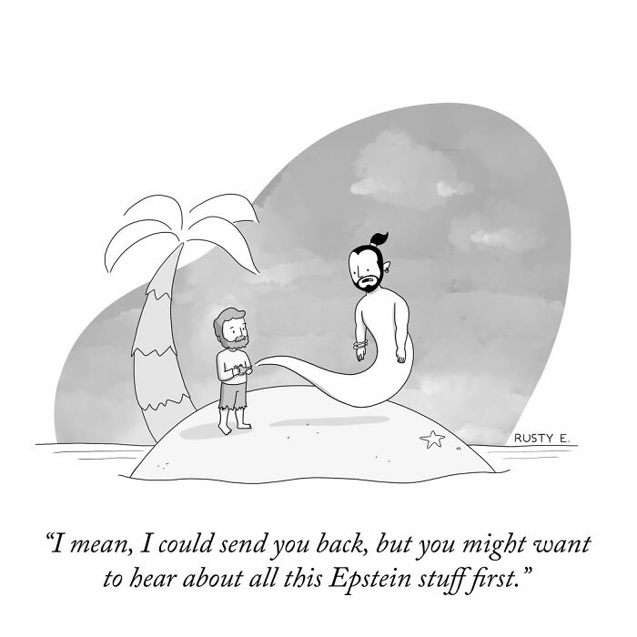 One-panel comic depicting a man on a desert island talking to a genie.