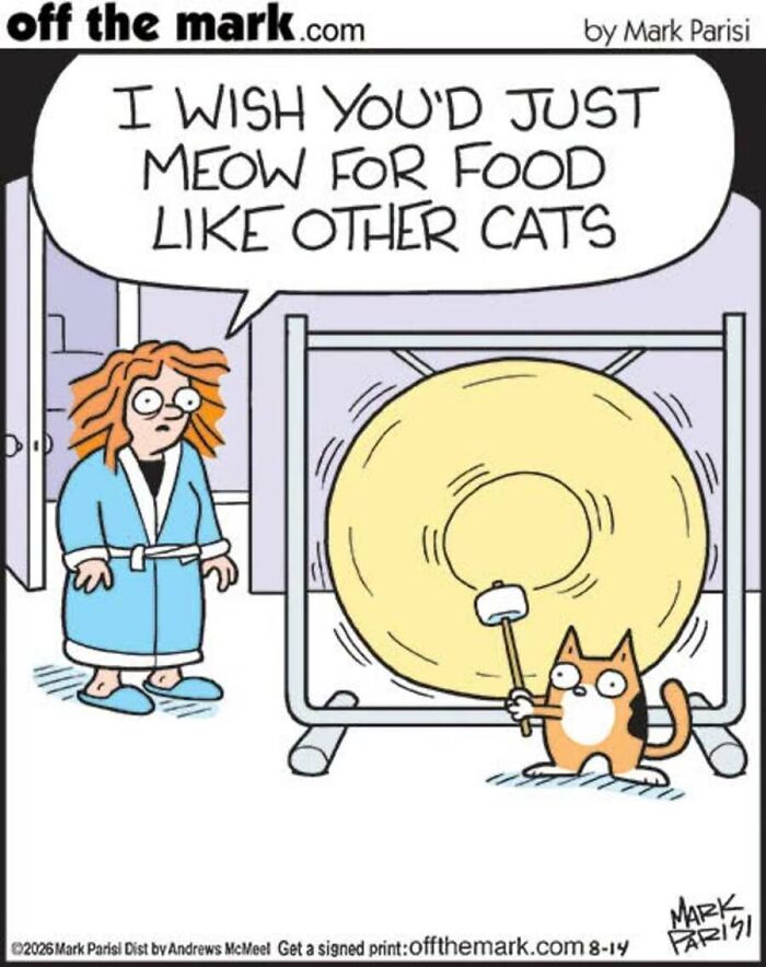 A comic by Mark Parisi featuring a cat hitting a giant gong to ask for food.