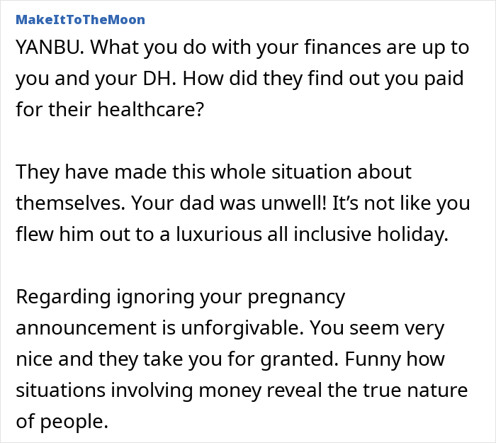 A comment about a woman's MIL being angry over finances, healthcare, and ignoring a pregnancy announcement. A comment about a woman's MIL being angry over finances, healthcare, and ignoring a pregnancy announcement.