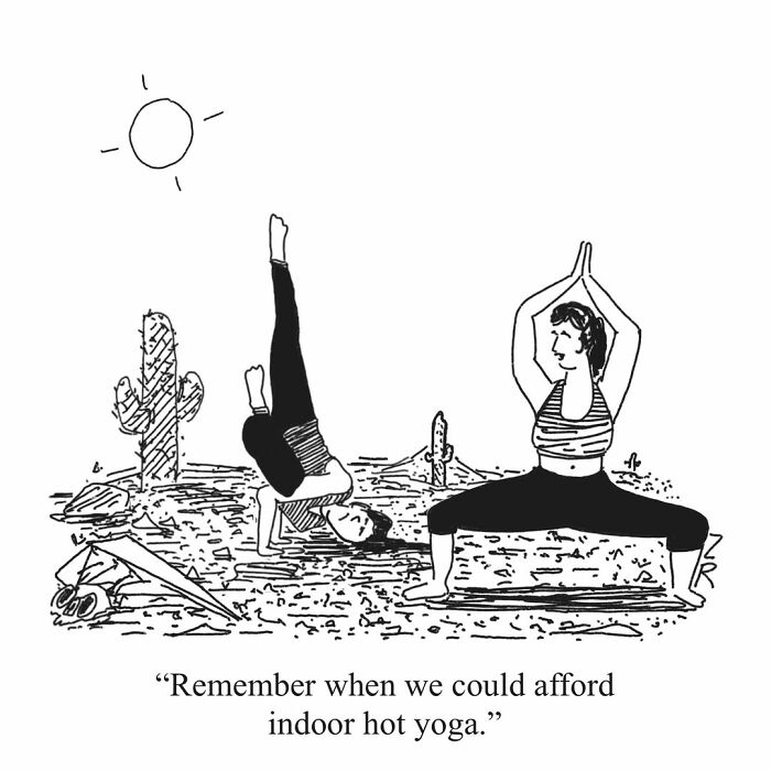 Absurd comics show two women doing hot yoga outdoors in a desert, reminiscing about indoor yoga for absurd comics.
