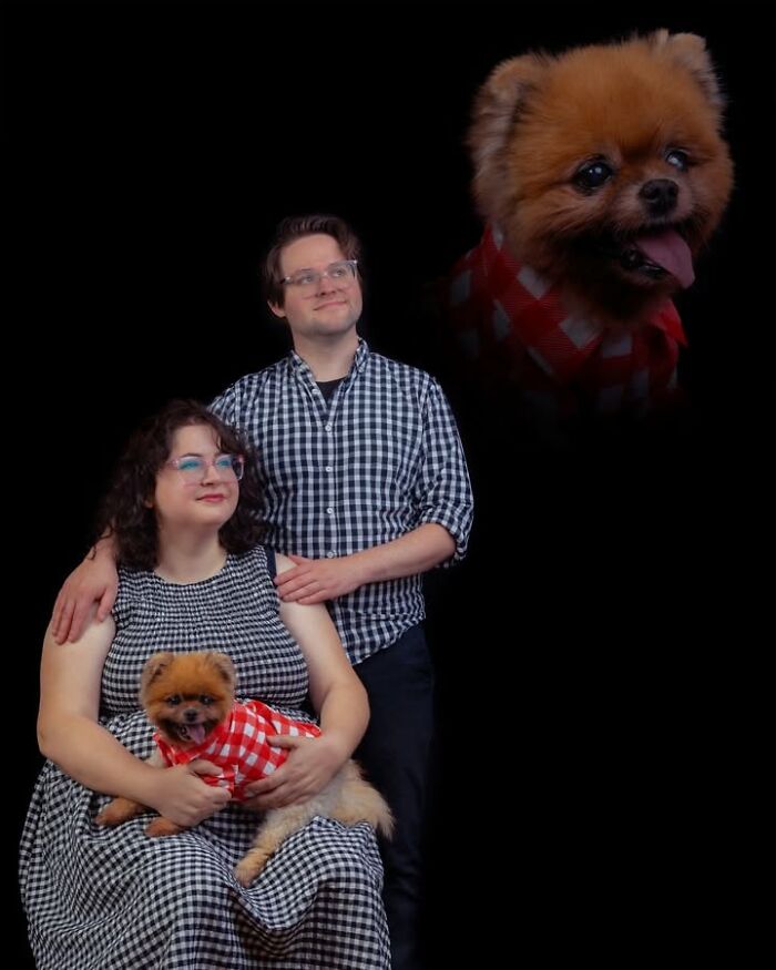 Quirky portrait of pets and their owners: a Pomeranian floating above a couple holding a small dog in a red bandana.