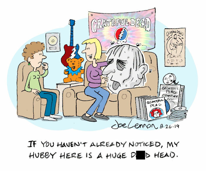 A Joe Lennon comic with a woman sitting next to a man with a Grateful D**d-themed head, an awkward moment for his wife.