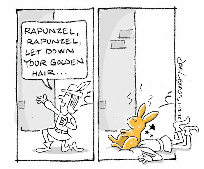 A Joe Lennon comic where a prince asks Rapunzel to let down her hair, only to be hit by a golden bunny, an unexpected punchline.