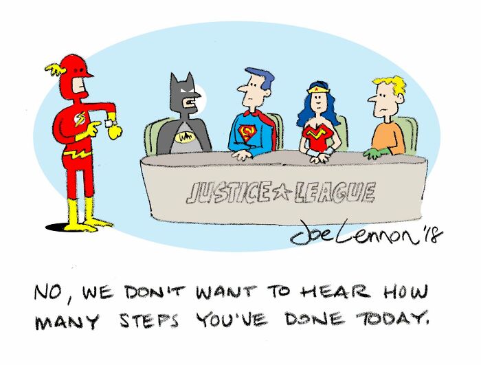 A Joe Lennon comic showing the Flash checking his watch in front of the Justice League, illustrating an awkward moment.