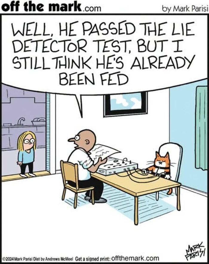 A comic by Mark Parisi depicting a cat taking a lie detector test about being fed.