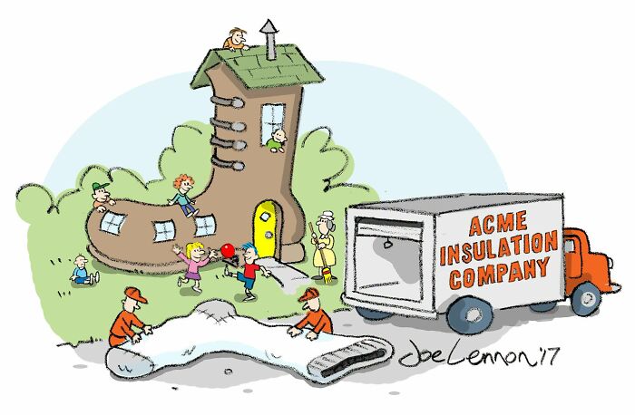 Joe Lennon comic: Acme Insulation Company truck at shoe-shaped house with many children playing, insulation workers. Awkward moments.