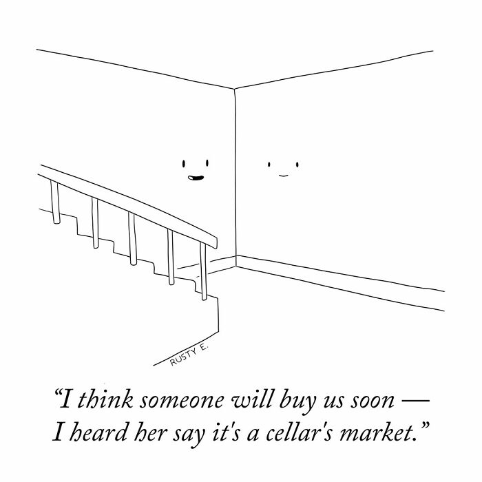 Humorous one-panel comic showing talking walls by a basement staircase.