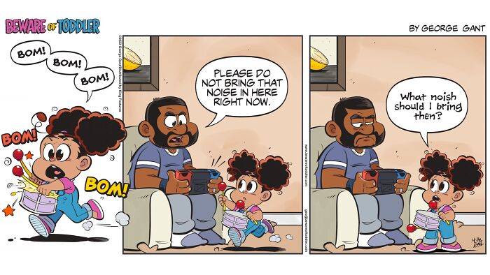 A comic depicting the chaos of parenting a toddler who is playing a loud drum and asking what other noise she can make.