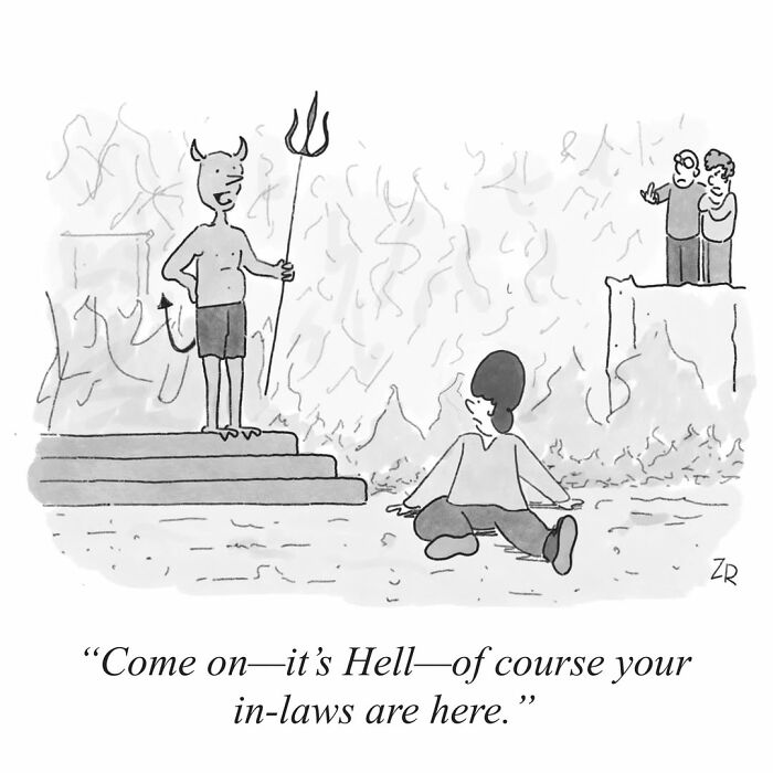 Absurd comics depict a devil telling a person in hell that their in-laws are also there for absurd comics.