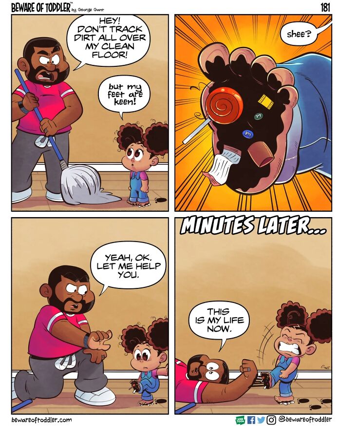 A comic illustrating the chaos of parenting a toddler, as a dad tries to keep his floor clean but the toddler tracks in dirt.