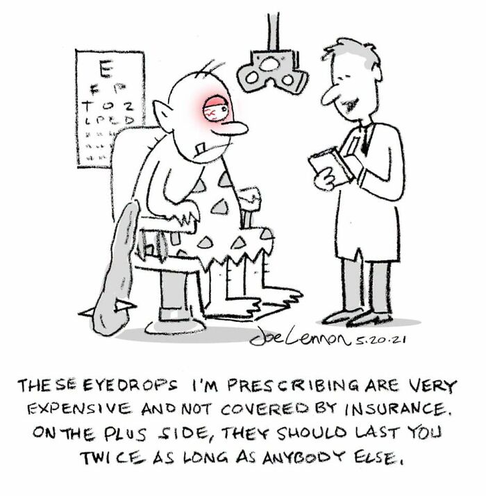 Joe Lennon comic: Caveman with red face at eye doctor, doctor giving expensive eyedrops. Awkward moments in healthcare.