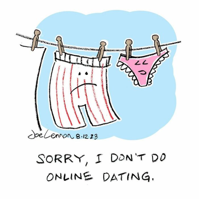 Joe Lennon comic: Sad striped boxer shorts and pink underwear on a clothesline, an awkward moment about online dating.