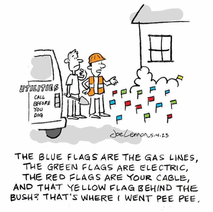 A Joe Lennon comic illustrates two utility workers explaining colored flags, with an unexpected punchline about a yellow flag.