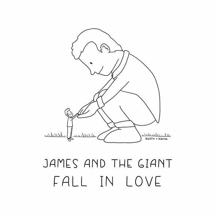 A charming one-panel comic of a giant and a tiny man falling in love.