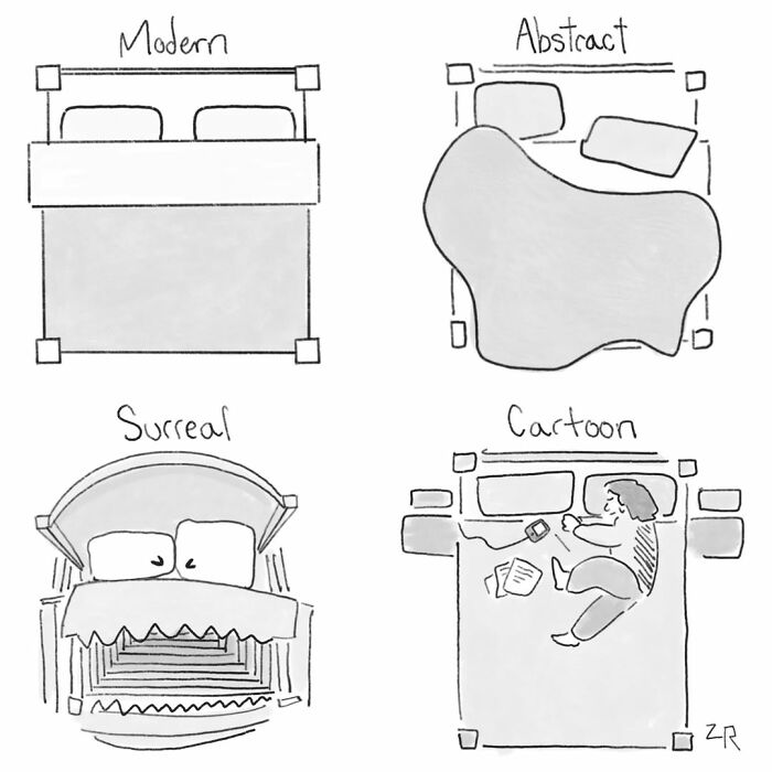 Absurd comics illustrate various bed styles: modern, abstract, surreal, and cartoon for absurd comics.