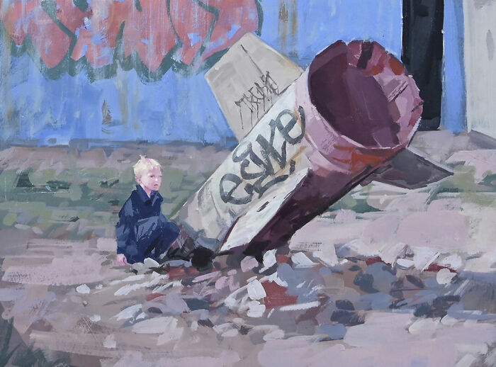 A young boy crouches next to a graffiti-covered rocket in dystopian paintings by Kevin Peterson.