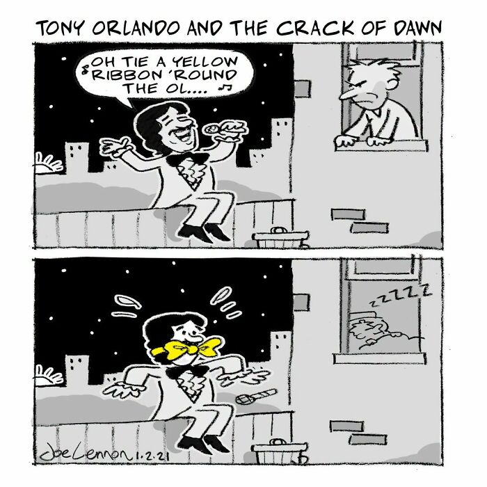 A Joe Lennon comic depicting a singer and an angry neighbor at dawn, full of awkward moments.