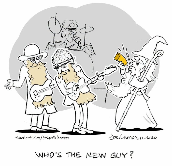 A Joe Lennon comic shows a band with a wizard, creating awkward moments and unexpected punchlines.