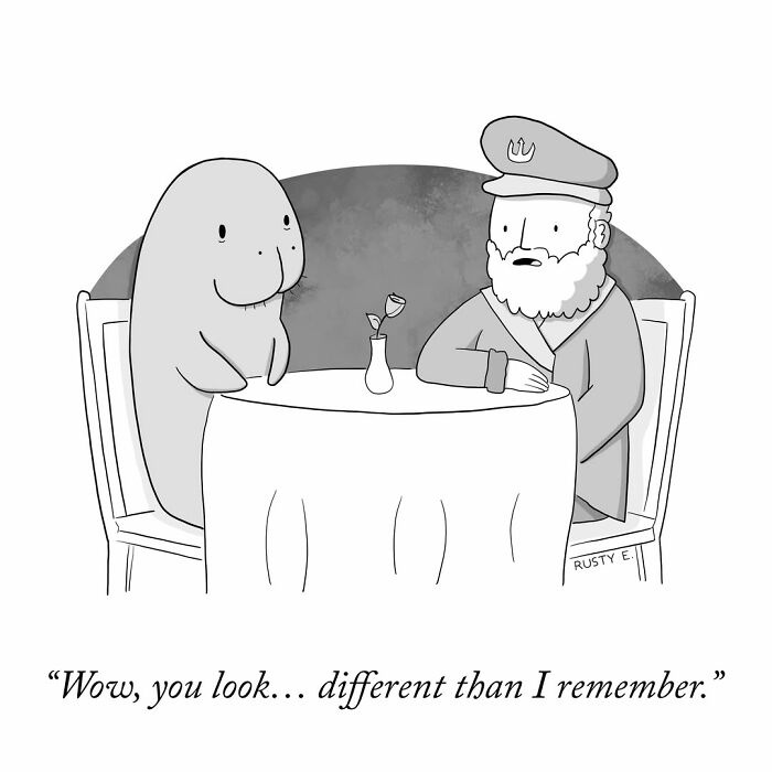 A witty one-panel comic of a sea captain on a date with a manatee.