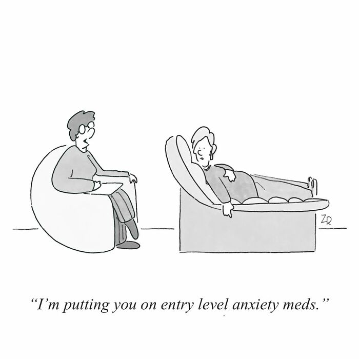 Absurd comics showing a person on a therapist's couch being prescribed entry level anxiety meds.