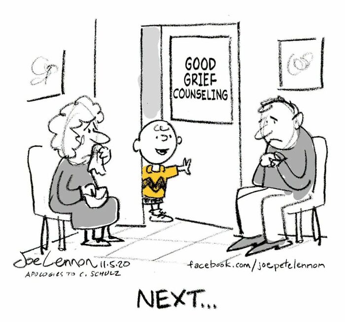 A Joe Lennon comic shows Charlie Brown leading two adults into Good Grief Counseling, highlighting awkward moments.