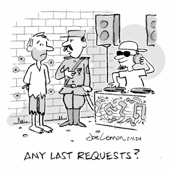 A Joe Lennon comic depicts a soldier, a man in ragged clothes, and a DJ with turntables, presenting an unexpected punchline.