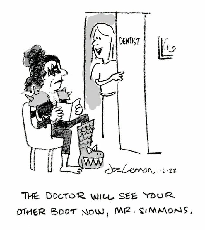 A Joe Lennon comic features Gene Simmons in full KISS attire waiting for a dentist, an awkward moment with an unexpected punchline.