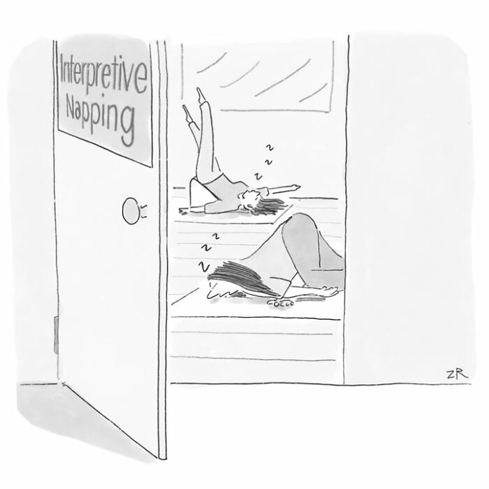 Absurd comic depicting two people napping in unusual positions in a room labeled Interpretive Napping, new pics.