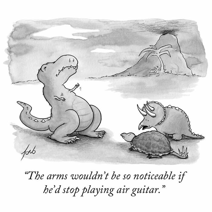 One-panel comic showing dinosaurs discussing a T-Rex playing air guitar with small arms