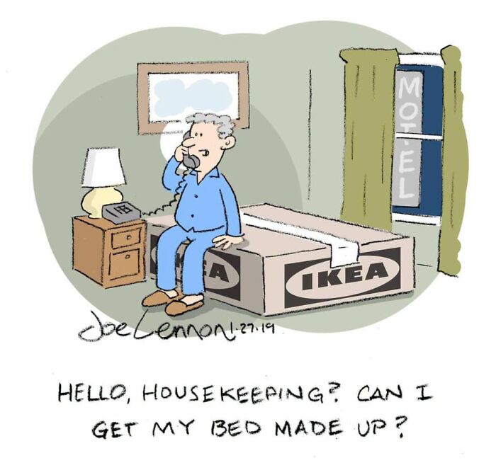 A Joe Lennon comic shows a man in pajamas sitting on an IKEA box bed, calling housekeeping, an awkward moment.