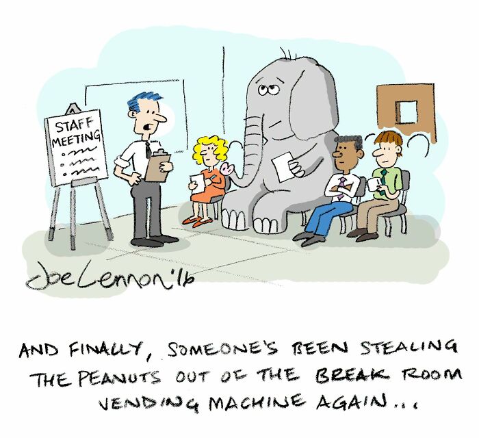 A Joe Lennon comic with an elephant in a staff meeting, an unexpected punchline about stolen peanuts.