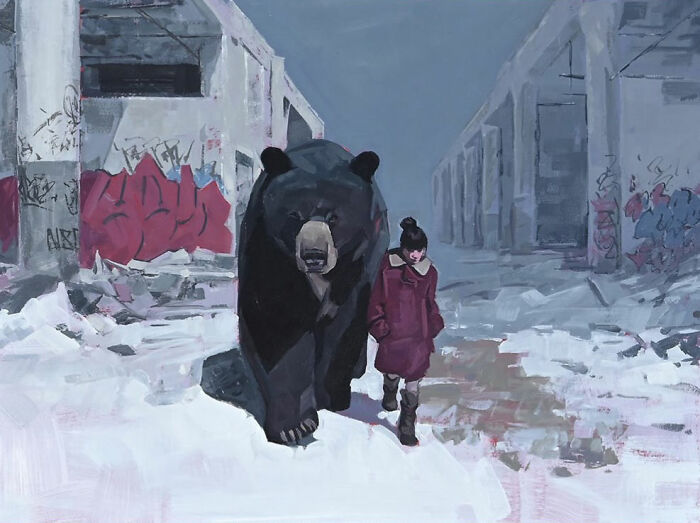 A girl walks alongside a large black bear in a snow-covered alley from dystopian paintings by Kevin Peterson.