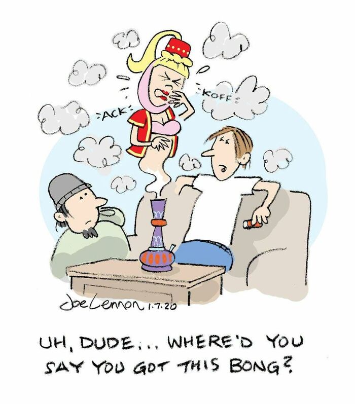 A Joe Lennon comic shows a genie coughing from a bong as two men look on, creating awkward moments.