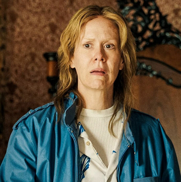 Sarah Paulson looking anxious in a blue jacket from a scene in the Lizzie Borden series. Sarah Paulson looking anxious in a blue jacket from a scene in the Lizzie Borden series.