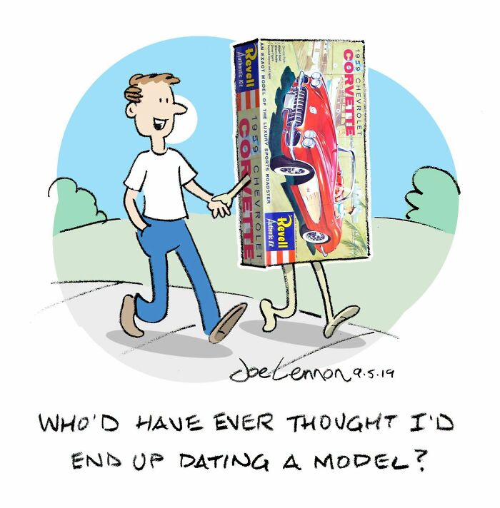 Joe Lennon comic: A man walking happily with a model car box, an unexpected punchline about dating a model.