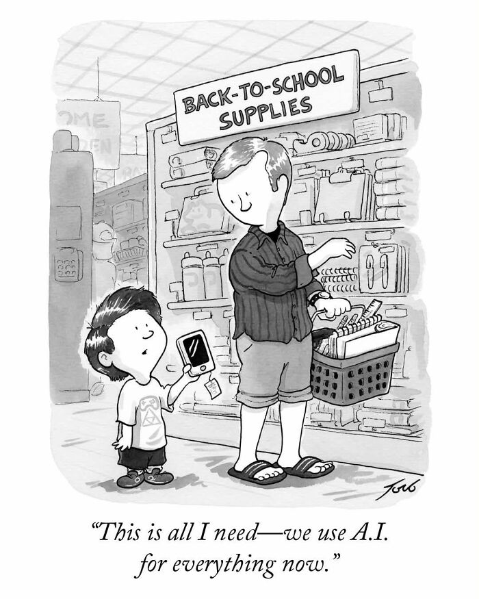 One-panel comic of child and parent shopping back-to-school supplies with AI device