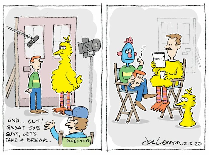 Joe Lennon comic: Behind the scenes of a Big Bird production, revealing awkward moments and unexpected punchlines.