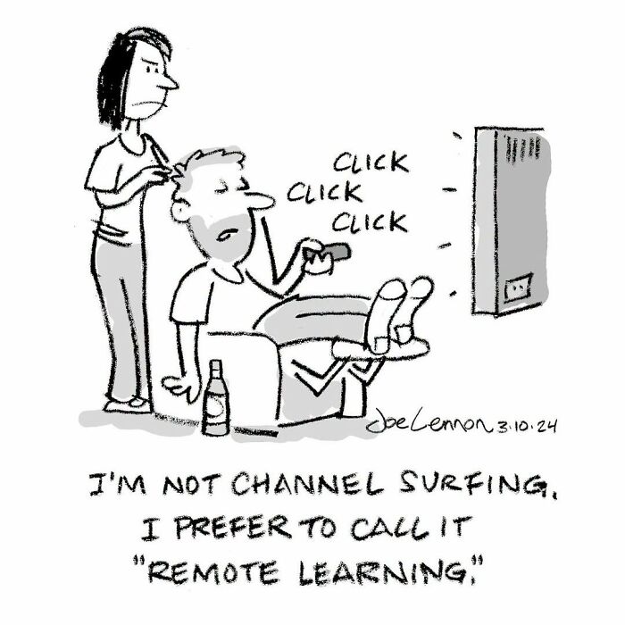 Joe Lennon comic: A man channel surfing while getting a haircut, a moment with unexpected punchlines.