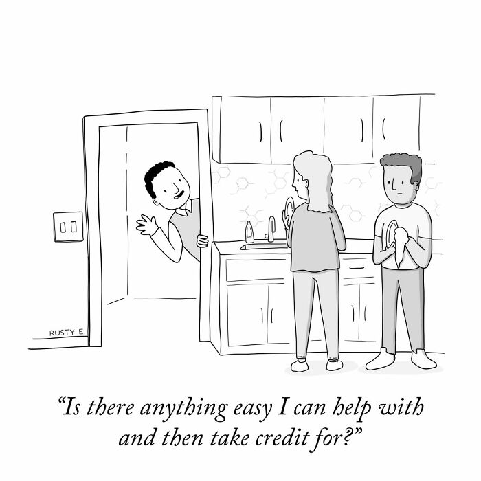 A hilariously witty one-panel comic about a man avoiding chores and dishes in the kitchen.