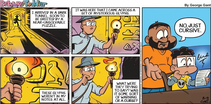 A comic panel showing a dad solving a puzzle with his toddler, who misreads hieroglyphs as cursive writing.