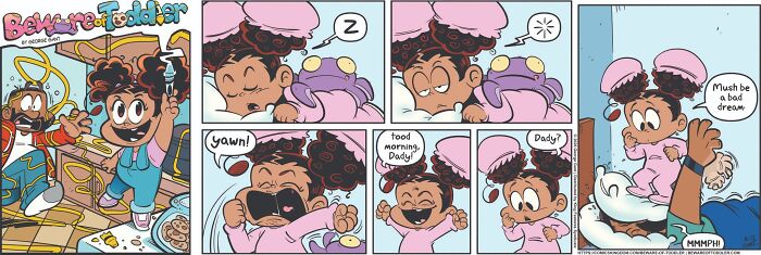 A comic depicting the chaos of parenting a toddler as she wakes up energetic and jumps on her sleeping dad.