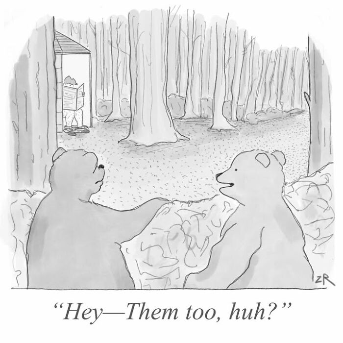 Absurd comics: Two bears in the woods, with one asking, Hey—Them too, huh? referring to a person reading.