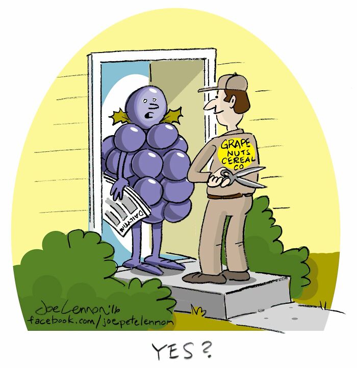 A Joe Lennon comic where a person in a grape costume is greeted by a Grape Nuts Cereal Co. delivery man with scissors, an unexpected punchline.