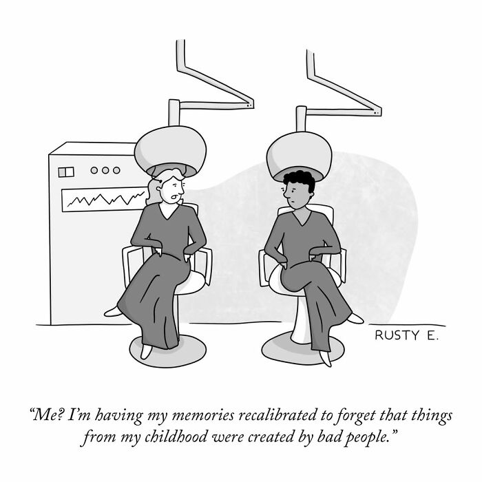 A hilarious one-panel comic about two people having their childhood memories recalibrated in salon hair dryers.