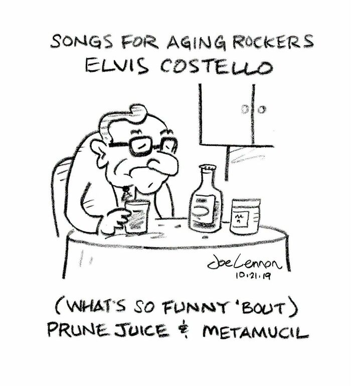 A Joe Lennon comic showing an aging man with prune juice and Metamucil, a humorous take on aging rockers.