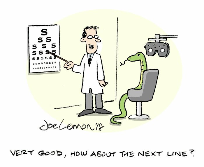 A Joe Lennon comic with a snake at an eye doctor's, humorously reading an eye chart, an awkward moment.