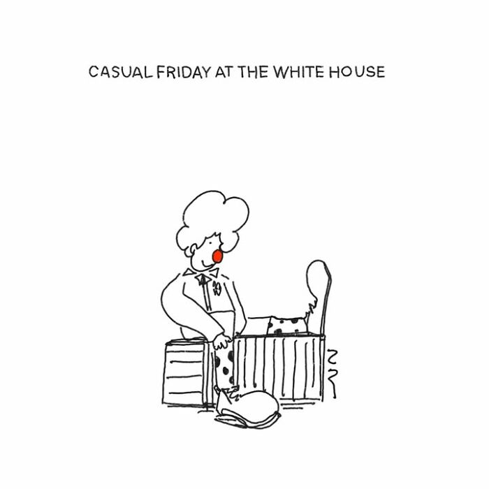 Absurd comics: A clown in a crib, illustrating a casual Friday at the White House.