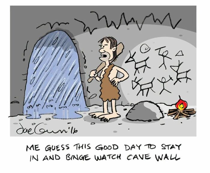 A Joe Lennon comic depicting a caveman watching a waterfall and cave drawings, illustrating unexpected punchlines.