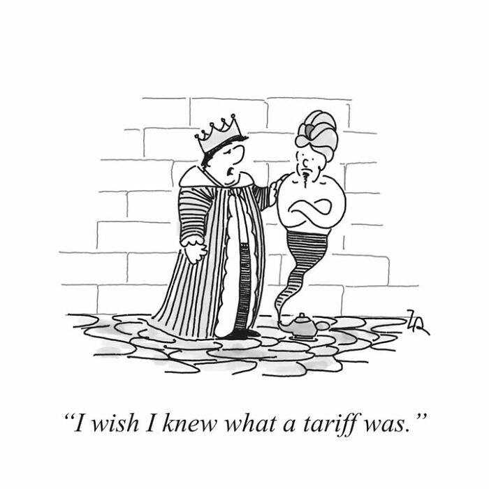 Absurd comics: A king with a genie, wishing he knew what a tariff was.
